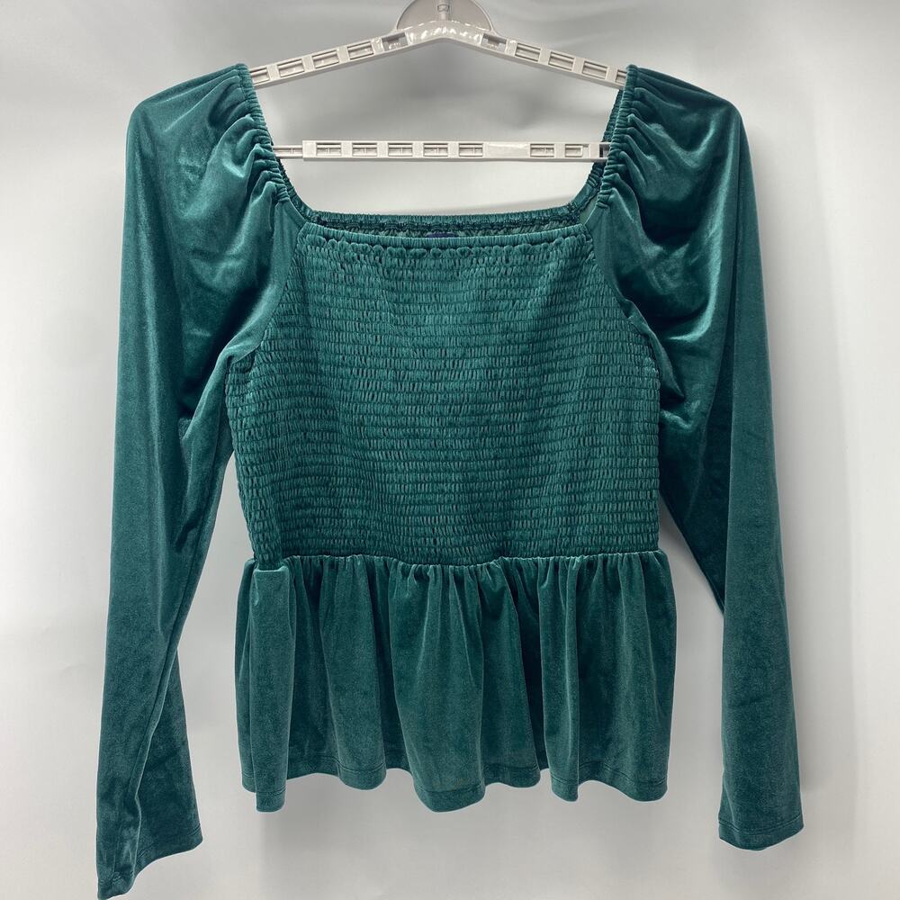GAP Long Sleeve Velvet Smocked Peplum Top Green Christmas holiday size XLT